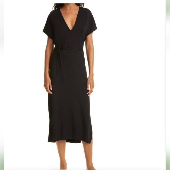 Vince Double V-Neck Cap Sleeve Knit Midi Dress Stretchy Black Size XS New - Picture 2 of 13